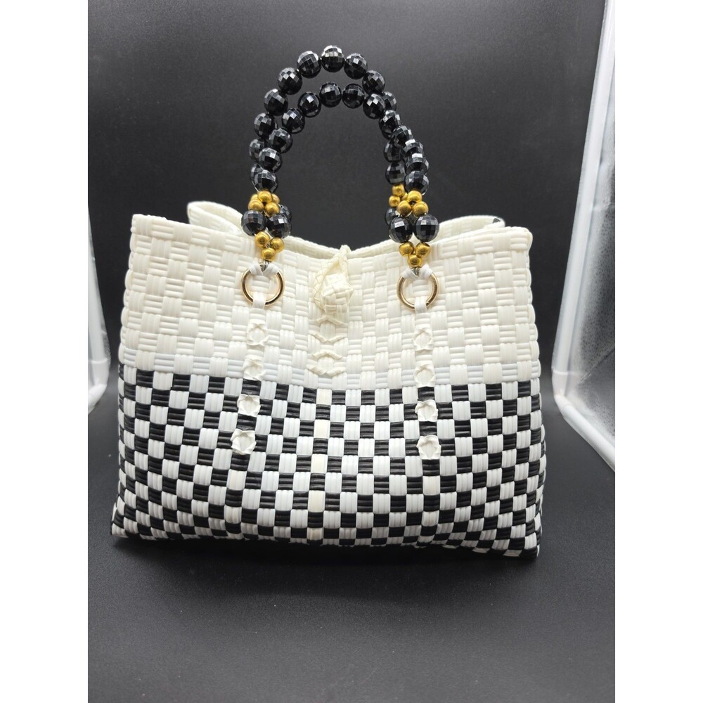 Handwoven Mexican Market Tote Black White Checkered Beaded Handle Basket Bag